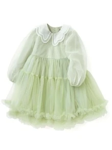 Balabala Tween Cô Gái Xuân Thu Ngọt Ngào Và Thanh Lịch Nhiều Lớp Ren Lưới Tay Phồng Cánh Hoa Ve Áo Đầm Xanh - màu xanh lá - Xem 6