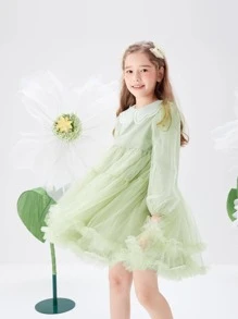 Balabala Tween Cô Gái Xuân Thu Ngọt Ngào Và Thanh Lịch Nhiều Lớp Ren Lưới Tay Phồng Cánh Hoa Ve Áo Đầm Xanh - màu xanh lá - Xem 4