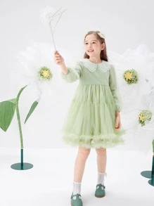 Balabala Tween Cô Gái Xuân Thu Ngọt Ngào Và Thanh Lịch Nhiều Lớp Ren Lưới Tay Phồng Cánh Hoa Ve Áo Đầm Xanh - màu xanh lá - Xem 3