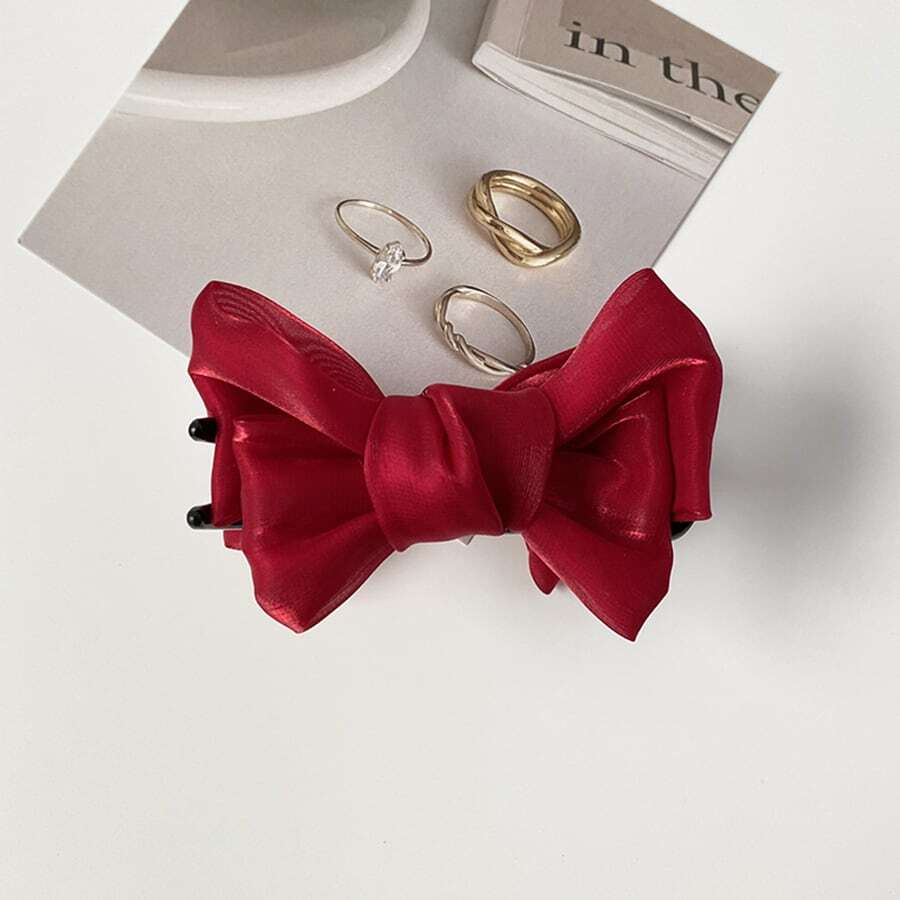 Red Double Layered Fabric Bow Hair Claw - Red - View 1