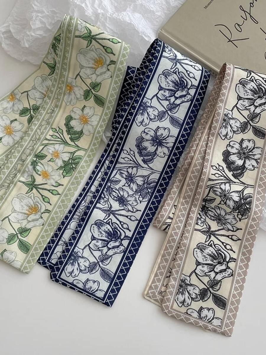 1套女士別緻多用途窄圍巾，帶玫瑰花卉圖案，仿絲材質，可用作髮帶、圍巾或系在包上，適合春季、夏季、秋季 - 彩色 - 查看 1