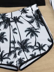 Summer Coconut Tree Print Long Sleeve Rash Guard & Shorts 2 Pieces Tankini Swimsuit Set