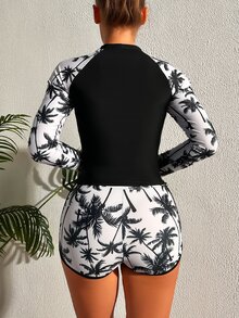 Summer Coconut Tree Print Long Sleeve Rash Guard & Shorts 2 Pieces Tankini Swimsuit Set