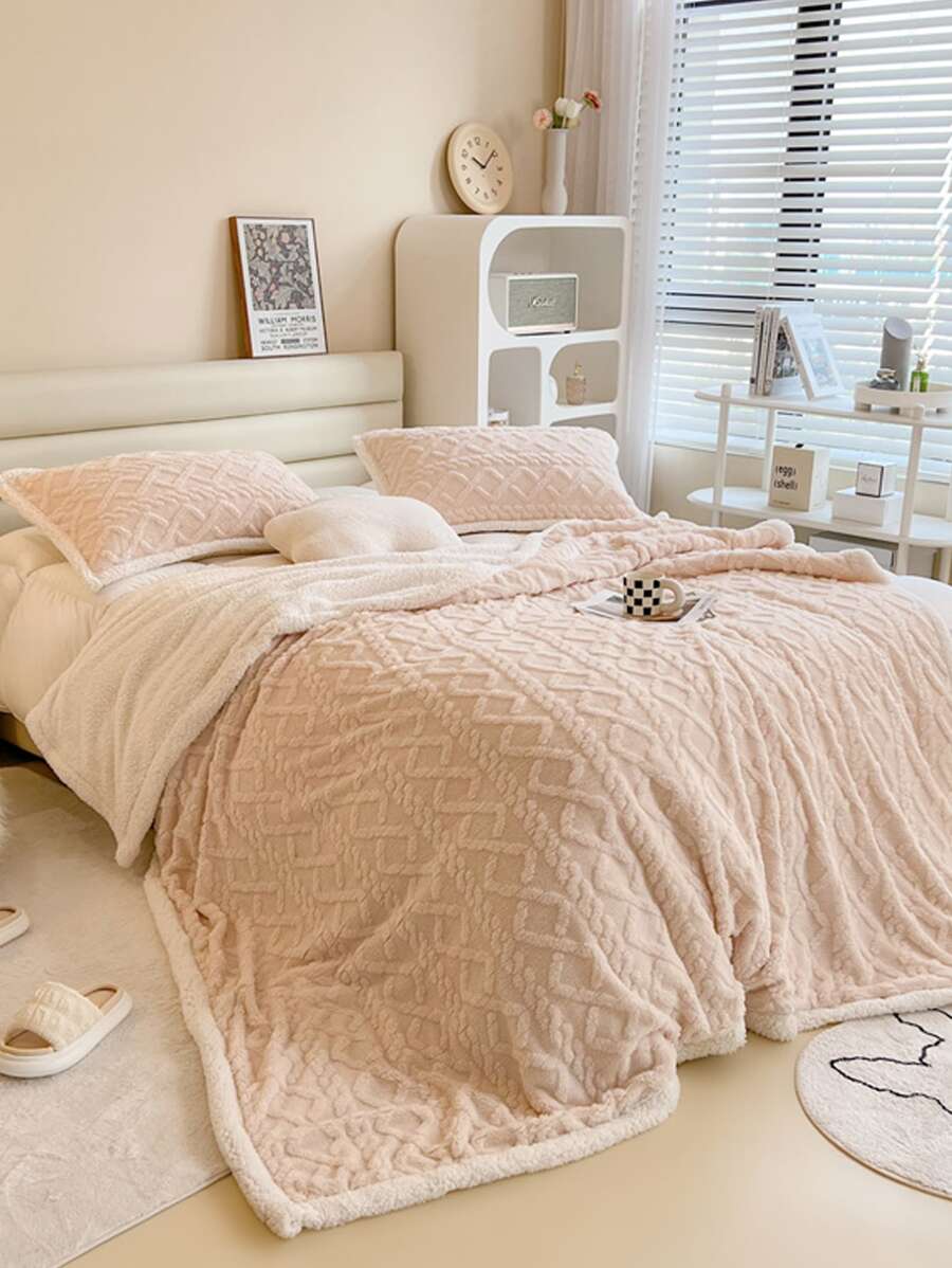 1 Miếng Màu thuần Giường Chăn Tính hai mặt Flannel Lông cừu - Màu be - Xem 1