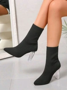女士时尚黑色踝靴，尖头透明粗跟弹力袜靴，适合派对和日常穿着，鞋类 - 黑色 - 查看 1