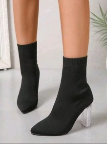 女士时尚黑色踝靴，尖头透明粗跟弹力袜靴，适合派对和日常穿着，鞋类 - 黑色 - 查看 2