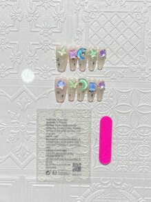 10入組長棺材形狀肉色假指甲，帶有蝴蝶、星月和圖案鑲嵌水鑽，附有隨機顏色果凍膠，還配有美甲貼片、指甲鉗和指甲修剪器，美甲用品 - 彩色 - 查看 6