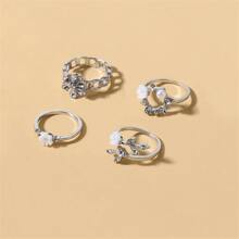 1套4入組女性可調節開口戒指,鍍銀合金配有人造珍珠和水晶裝飾,適用於婚禮、宴會和日常優雅穿著 - 銀色 - 查看 3