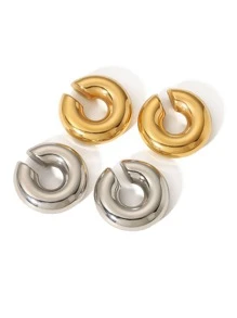 1pair Hollow Out Stainless Steel Clip-on Earrings Silver Color - Silver - View 4