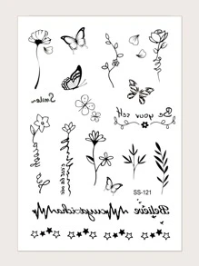 件黑色臨時紋身貼紙適用於手指、手腕和身體小部位帶花、蝴蝶和星星圖案 - 黑色 - 查看 2