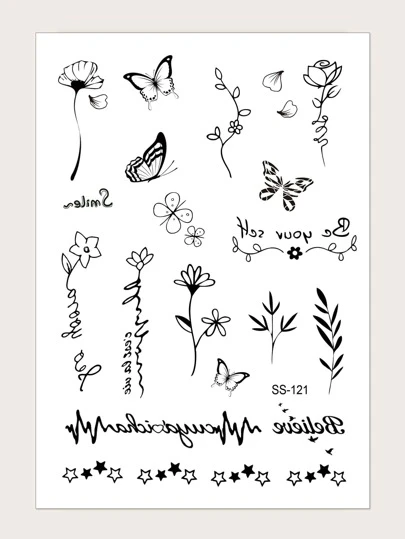STARTTOOS 1pc Black Floral, Butterfly, Star Temporary Tattoo Sticker For Finger, Wrist, Body Parts