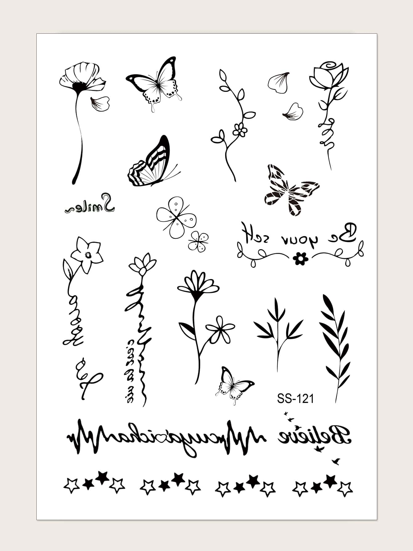 STARTTOOS 1pc Black Floral, Butterfly, Star Temporary Tattoo Sticker For Finger, Wrist, Body Parts - Black - View 1