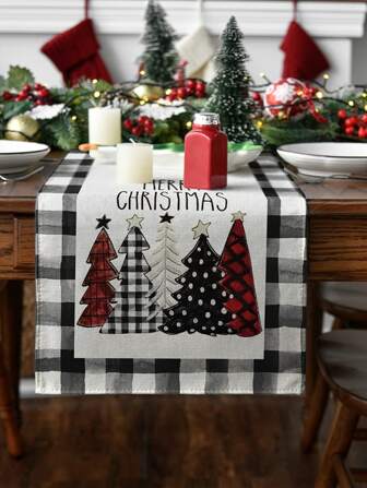 1pc Christmas Table Runner Decoration Watercolor Gingham Print With Christmas Tree And Merry Christmas, Dyed Tablecloth For Holiday Party, Home Decorations