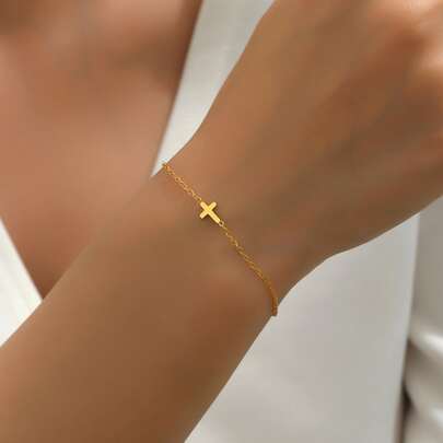 LIEBEIRIS 1 pieza Pulsera cruzada de acero inoxidable chapado en oro de 18k, simple y adecuada para el uso diario de mujeres