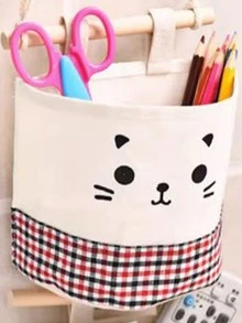 Cute Cat Sketch And Grid Pattern Single Pocket Hanging Storage Bag