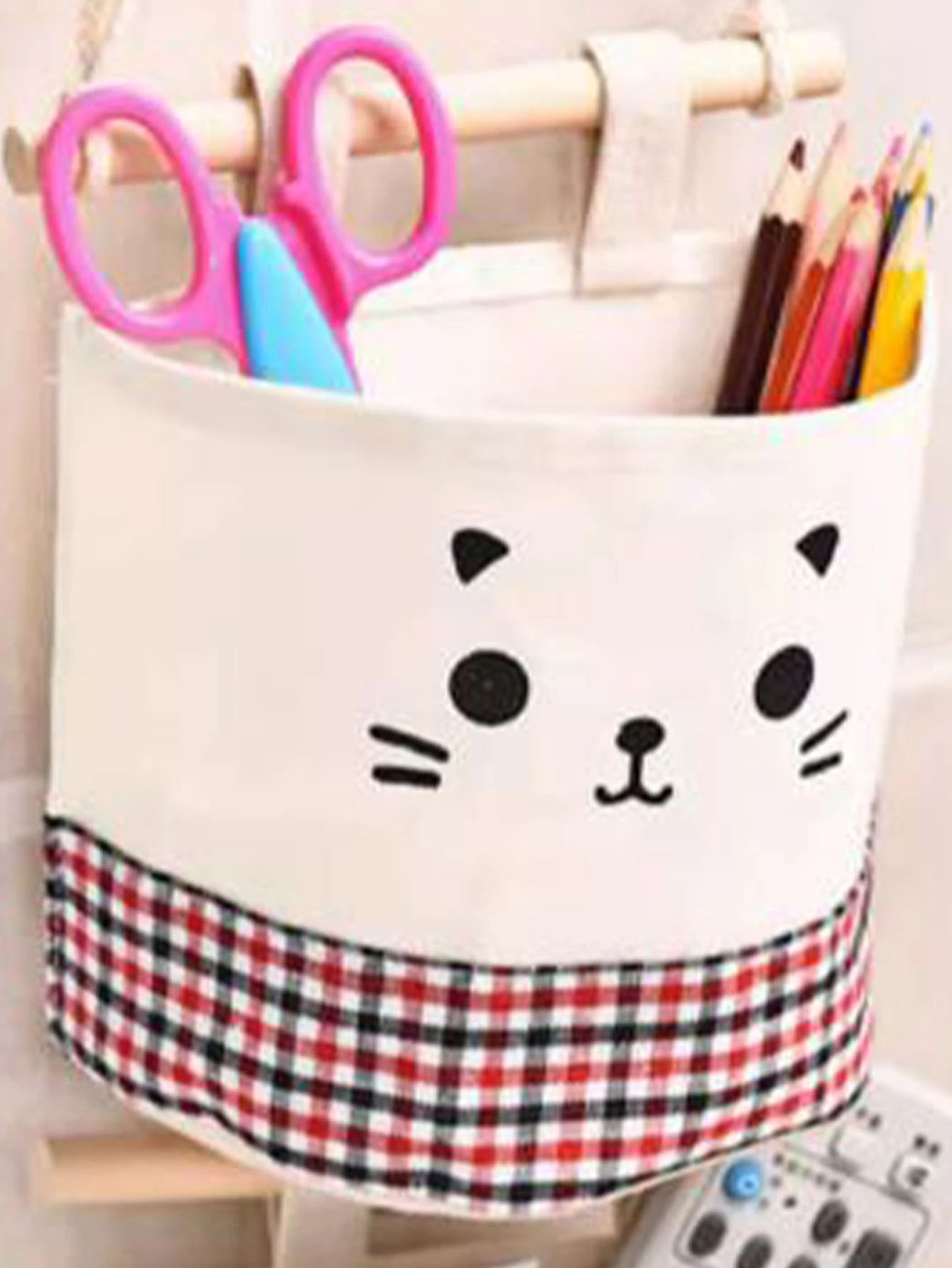 Cute Cat Sketch And Grid Pattern Single Pocket Hanging Storage Bag