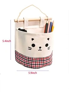 Cute Cat Sketch And Grid Pattern Single Pocket Hanging Storage Bag