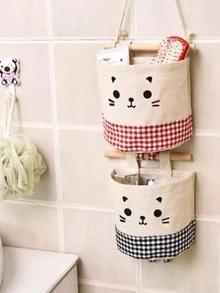Cute Cat Sketch And Grid Pattern Single Pocket Hanging Storage Bag
