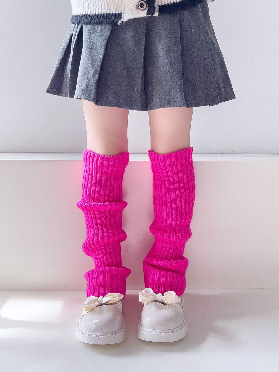 1 Pair Toddler Girls Neon Color Knit Ribbed Leg Warmers, For Princess Casual, Party, Costume - Hot Pink - View 1