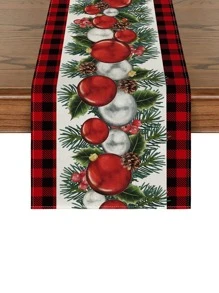 1 件圣诞装饰桌旗，亚麻针织印花格子桌布，带圣诞球，适用于家庭聚会厨房餐桌装饰 - 紅色 - 查看 3