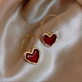 1pair Fashionable Red Heart Shaped Dripping Oil Pendant Hoop Earrings For Women