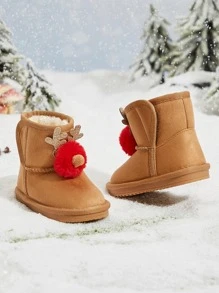 Balabala 1對女童聖誕娃娃設計拉鍊中筒雪地靴，加厚柔軟防滑透氣舒適，適合冬季聖誕禮物 - 黃色 - 查看 1