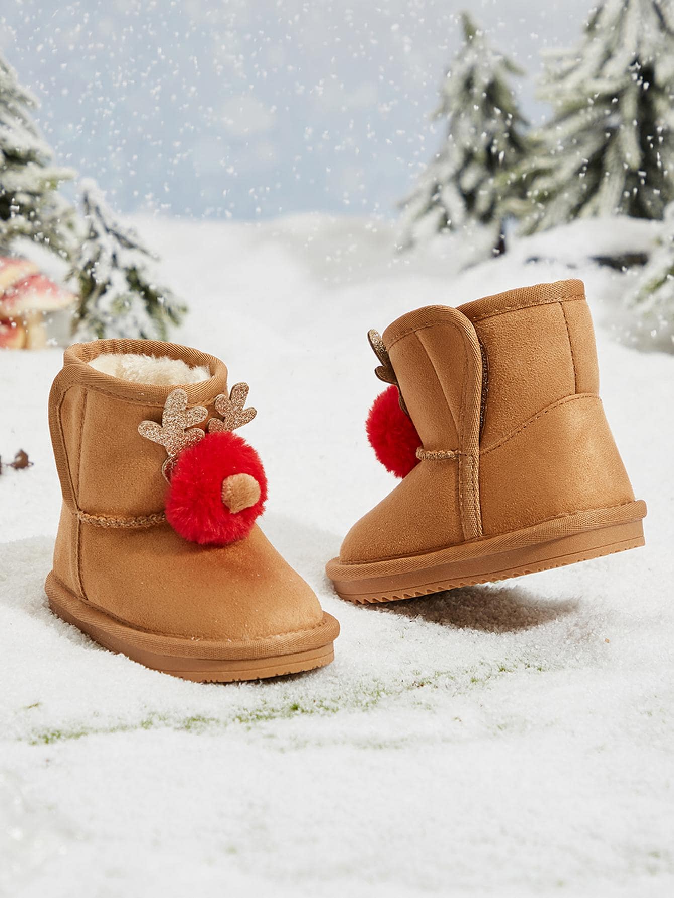 Balabala 1對女童聖誕娃娃設計拉鍊中筒雪地靴，加厚柔軟防滑透氣舒適，適合冬季聖誕禮物 - 黃色 - 查看 1