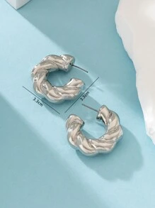 1pair Vintage Plastic Silver Color Textured Hoop Earrings For Daily Wear - Silver - View 5