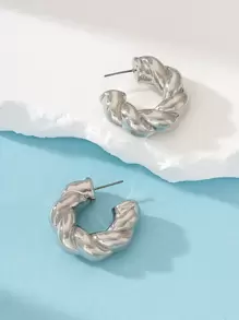 1pair Vintage Plastic Silver Color Textured Hoop Earrings For Daily Wear - Silver - View 3