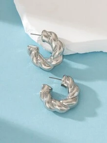 1pair Vintage Plastic Silver Color Textured Hoop Earrings For Daily Wear - Silver - View 2