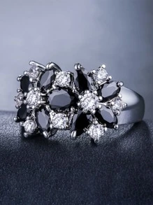 1 pieza Anillo con diseño de flor con detalle de circonita cúbica glamorosa de cobre como regalo de San Valentín - Negro - Ver 4