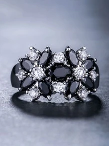 1 pieza Anillo con diseño de flor con detalle de circonita cúbica glamorosa de cobre como regalo de San Valentín - Negro - Ver 2