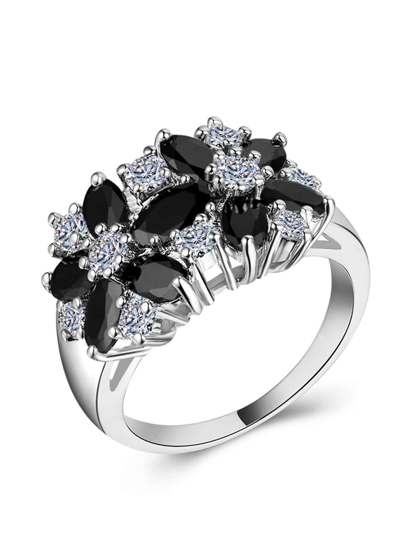 1 pieza Anillo con diseño de flor con detalle de circonita cúbica glamorosa de cobre como regalo de San Valentín - Negro - Ver 1