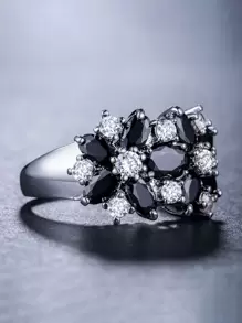 1 pieza Anillo con diseño de flor con detalle de circonita cúbica glamorosa de cobre como regalo de San Valentín - Negro - Ver 3