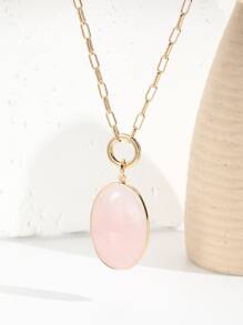 1 件金色橢圓形粉紅水晶吊墜女式項鍊,適合派對、度假、旅行 - 粉色 - 查看 1
