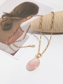 1 件金色橢圓形粉紅水晶吊墜女式項鍊,適合派對、度假、旅行 - 粉色 - 查看 2