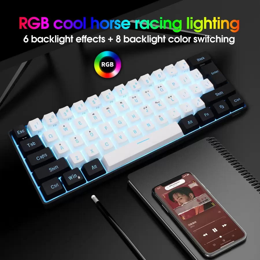 SNPURDIRI Black And White RGB Lighting ABS Cable Keyboard, Compact 61 Keyboard, Suitable For PC/ Game Players, Typists, Travelers, Convenient Business Travel 60% Cable Game Keyboard - 黑與白 - 查看 1
