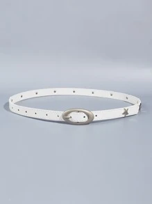 1入女性銀色五角星扣pu白色皮帶,時尚修身腰帶適合日常穿搭裙裝和牛仔褲 - 白色 - 查看 4