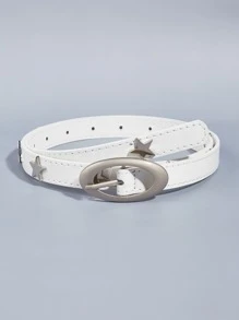 1入女性銀色五角星扣pu白色皮帶,時尚修身腰帶適合日常穿搭裙裝和牛仔褲 - 白色 - 查看 3