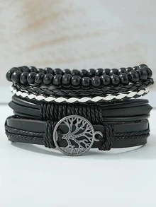 5pcs Men's Black Leather Watch,Black & White Minimalist Neutral Quartz Watch,Very Practical.Suitable For Work Commute,Daily Casual Wear,Essential Item For Students Daily Use. - Black - View 3