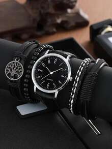 5pcs Men's Black Leather Watch,Black & White Minimalist Neutral Quartz Watch,Very Practical.Suitable For Work Commute,Daily Casual Wear,Essential Item For Students Daily Use. - Black - View 1