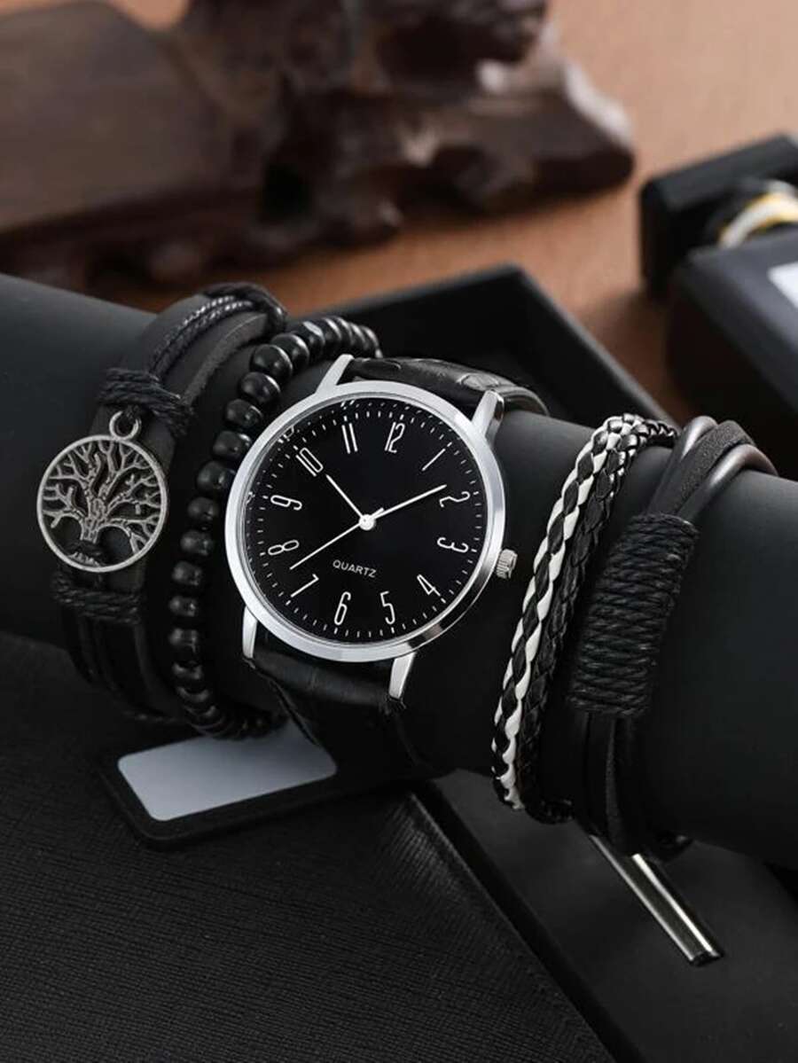 5pcs Men's Black Leather Watch,Black & White Minimalist Neutral Quartz Watch,Very Practical.Suitable For Work Commute,Daily Casual Wear,Essential Item For Students Daily Use. - Black - View 1