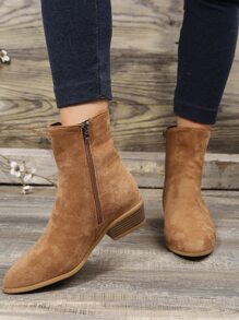 Women's Boots Fashion French Vintage Soft Leather Short Boots Women's Chelsea Boots Round Toe Frosted Suede Side Zipper  Boots Imitation Suede Boots - Khaki - View 5