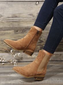 Women's Boots Fashion French Vintage Soft Leather Short Boots Women's Chelsea Boots Round Toe Frosted Suede Side Zipper  Boots Imitation Suede Boots - Khaki - View 2