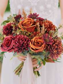 4pcs/set Artificial Flower Bouquet, Suitable For Autumn, Wedding Decoration, Bridal Bouquet, Wrist Flowers, Corsage Material, Home Living Room Bedroom Vase Decoration, Diy Birthday Party Cake Material, New Year Decoration Material, Photoshoot Props - 亮橙色 - 查看 3