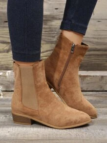 Women's Boots Fashion French Vintage Soft Leather Short Boots Women's Chelsea Boots Round Toe Frosted Suede Side Zipper  Boots Imitation Suede Boots - Khaki - View 4