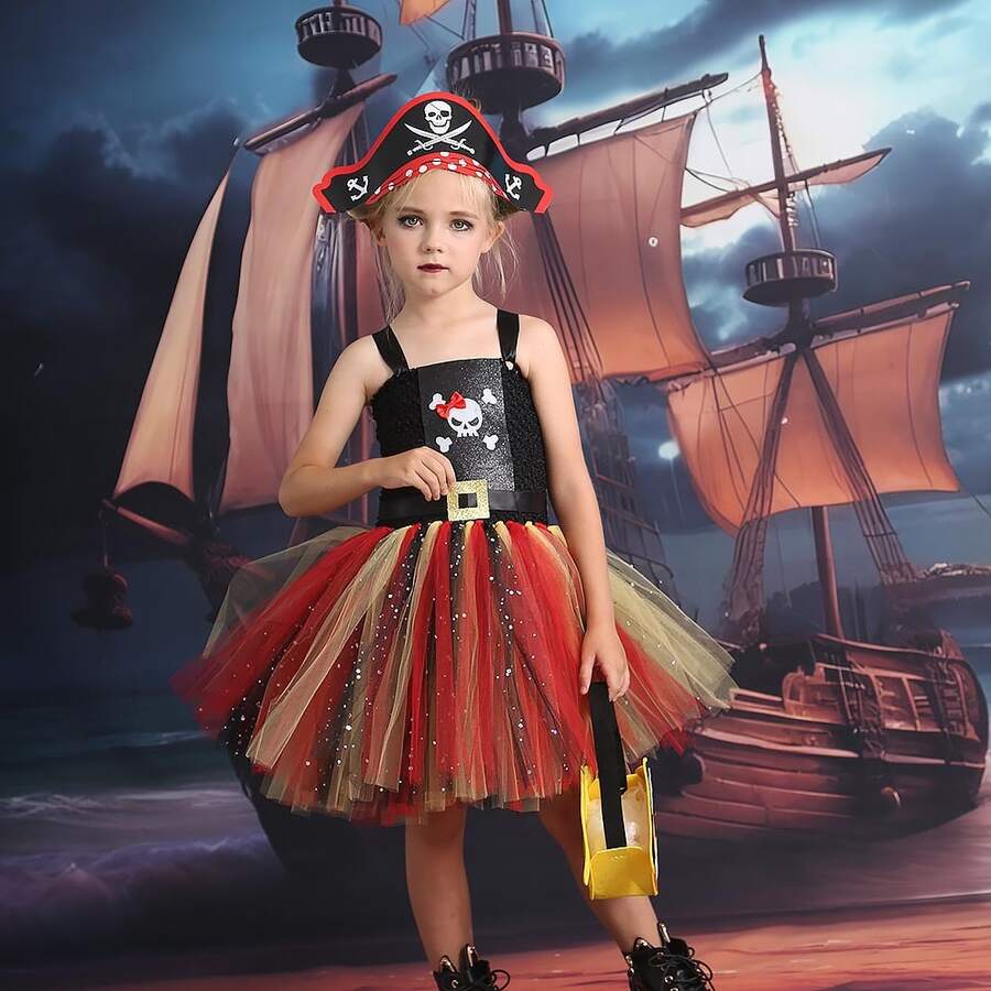 Pirate Dress-up Party Set For Girls Including Pirate Flag Headband, Skull Handbag & Dress - Black - View 1