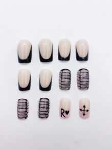 24 piezas corto cuadrado estilo francés con patrón de piel de serpiente Puntas de uñas con pintura + 1 pieza gelatina pegamento + 1 pieza Lima de uña - Multicolor - Ver 3