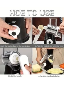 Rotary Cheese Grater - Khmer Kitchen Handheld Cheese Grater With Handle, Veggie Shredder Nut Mill Grinder, 3 Interchangeable Stainless Steel Drums, And Powerful Suction Base With Free Cleaning Brush - Black - View 2