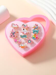 12pcs/set Girls' Adjustable Animal, Rainbow, Crown Decor Zinc Alloy Oil Drop Ring - Multicolor - View 5